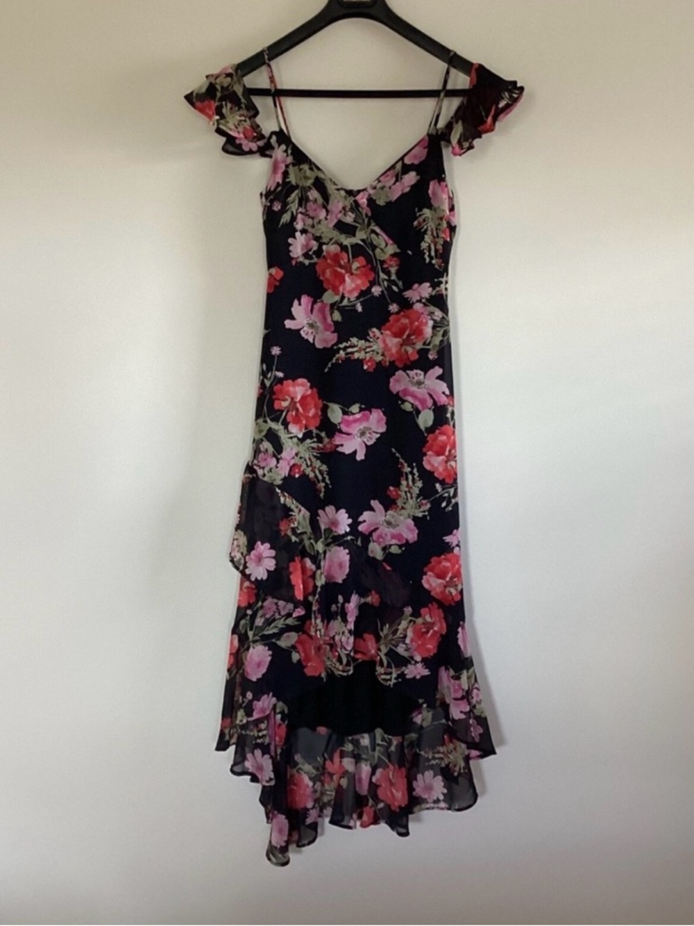 Speechless Black Floral High-Low Dress with Pink & Red Blooms